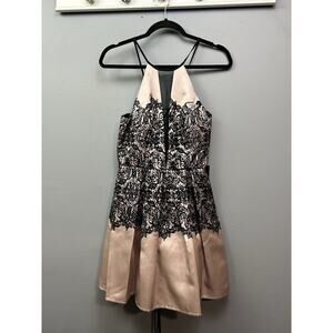 Teeze Me Cocktail Party Dress Juniors 7 Black Beige Corset back Lace Overlay NEW